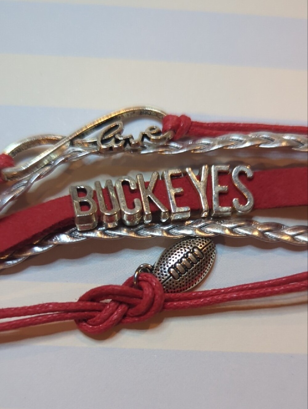 Red Multi-Strand Bracelet Silver Accents Saying Buckeyes Love Football Charms